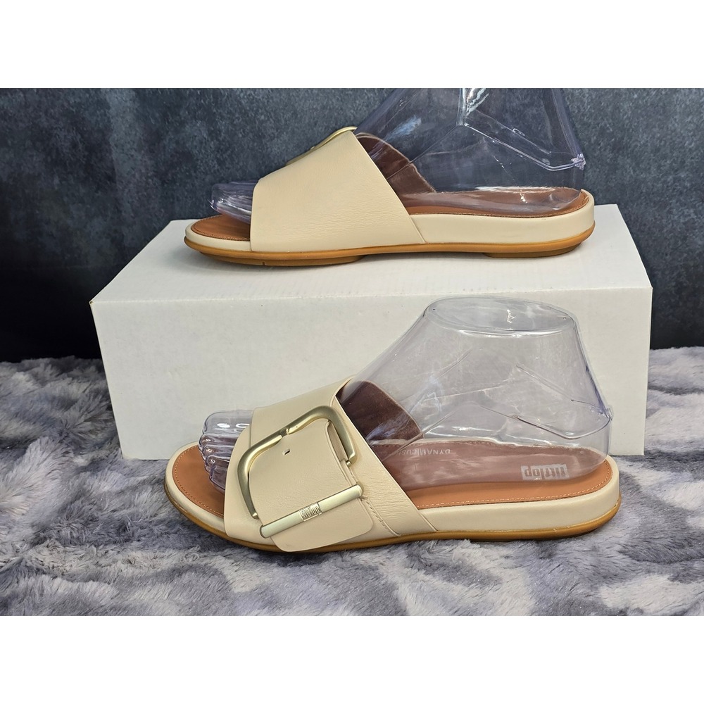 FitFlop Gracie Maxi-Buckle Slide Cream Leather Sandal Womens Size 6 HM6-A20